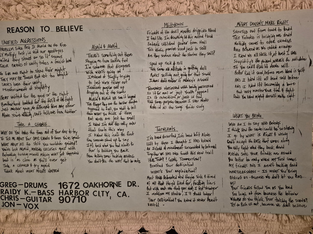 $5 PUNK FLYER - Reason To Believe Lyrics (14x11)