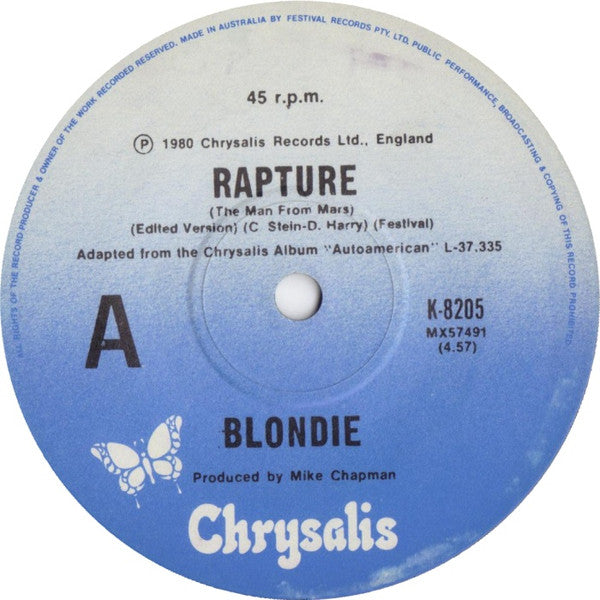 Blondie ‎- Rapture (The Man From Mars) 1979 USED POST PUNK  7