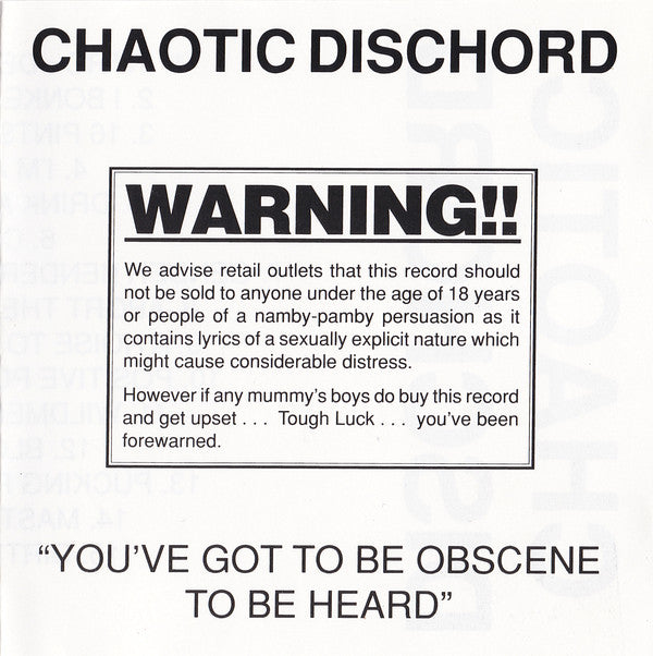 Chaotic Dischord - You've Got to be Obscene to be Heard NEW CD